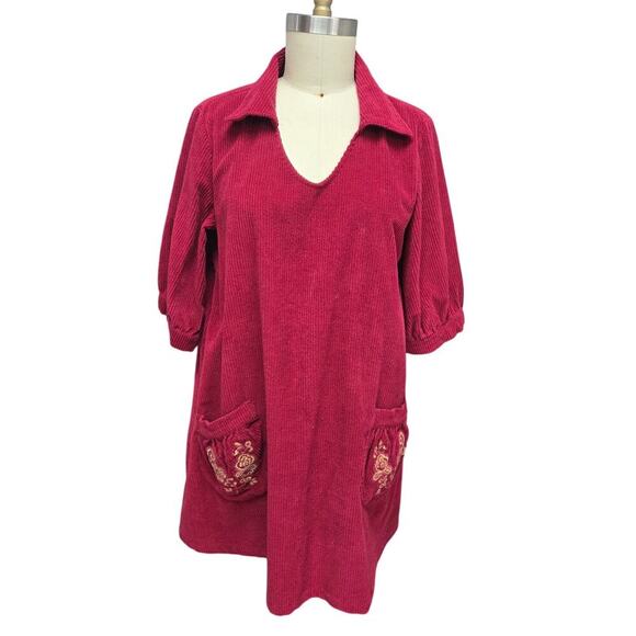 VTG 1990s–2000s April Cornell Corduroy Mini Dress Embroidered Pockets M/L - Picture 7 of 9